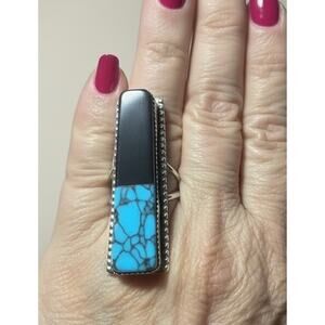 C J Butler Navajo Turquoise and Onyx Ring Size 7 Sterling